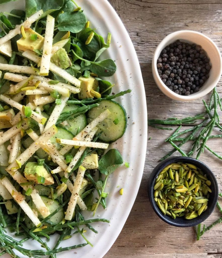 Cress, Sea Asparagus and Cucumber Salad with Pear and Shallot Champagne
