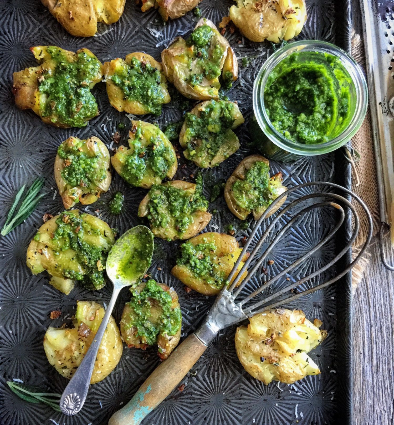 Ramp pesto on smashed potatoes